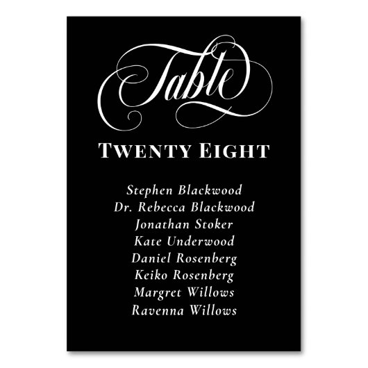 Schwarz-weiße Calligrafy Tischnummer Gästennamen (Rückseite)