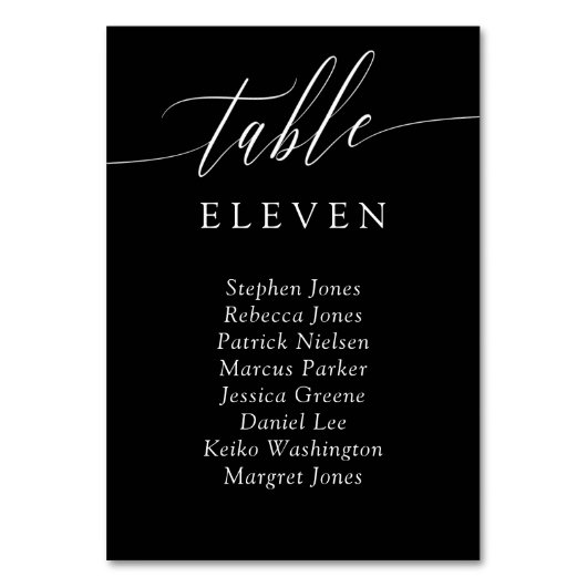 Schwarz-weiße Calligrafy Tischnummer Gästennamen (Vorderseite)
