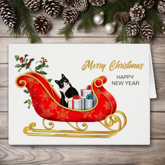 Schwarz-weiße Cat Meowy Christmas Sleigh Card