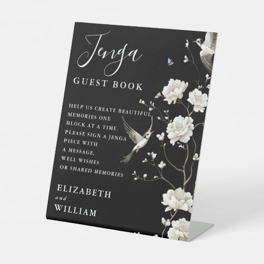 Schwarz-weiße Chinoiserie Jenga Gastbuch Hochzeit Sockelschild (Vorderseite)