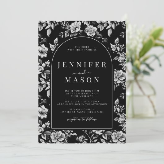 Schwarz-weiße Chinoiserie Klassische Hochzeit Einladung (Stehend Vorderseite)