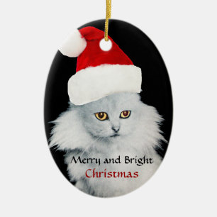 SCHWARZ-WEISSE CHRISTMAS KATZE MIT SANTA CLAUS HAT KERAMIKORNAMENT