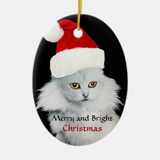 SCHWARZ-WEISSE CHRISTMAS KATZE MIT SANTA CLAUS HAT KERAMIKORNAMENT (Vorne)