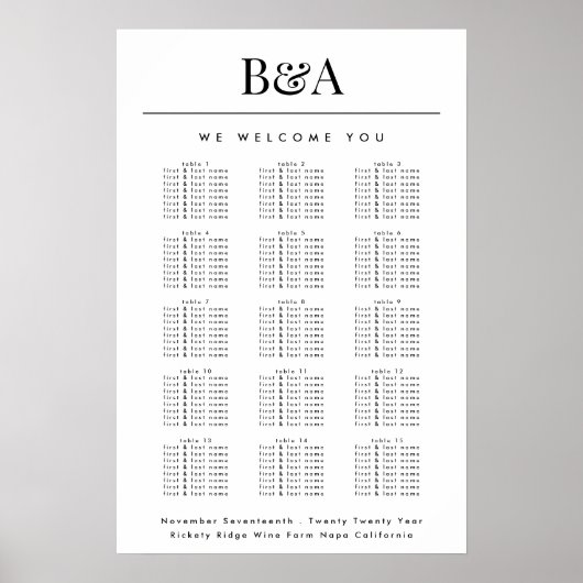 Schwarz-weiße Classic Mongram Seating Chart Poster (Vorne)