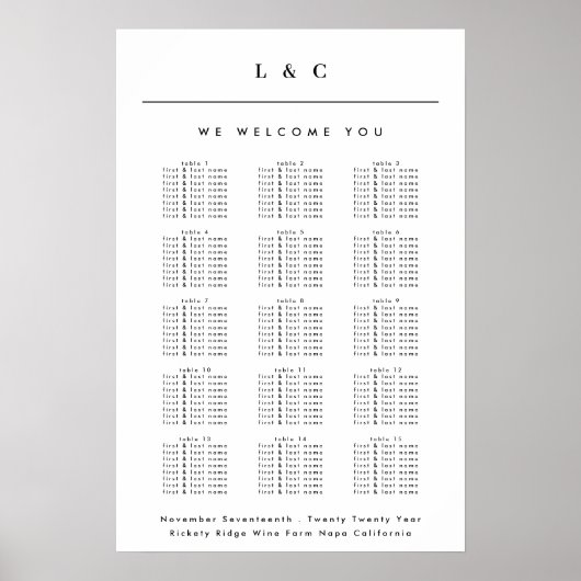 Schwarz-weiße Classic Mongram Seating Chart Poster (Vorne)