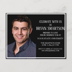 Schwarz-weiße College-Koffer-Party-Foto-Einladung Einladungspostkarte