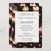 Schwarz-weiße Cupcakes Cherry am Geburtstag Einladung (Vorne/Hinten)