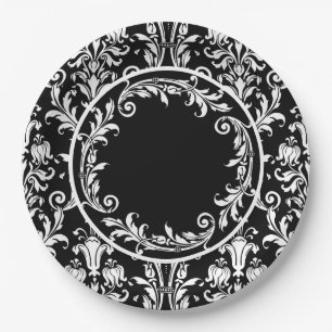 Schwarz-weiße Damask Floral Wirbel personalisiere Pappteller