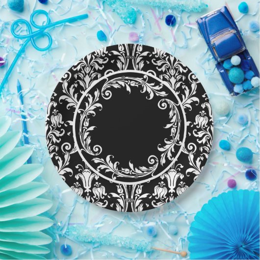 Schwarz-weiße Damask Floral Wirbel personalisieren Pappteller (Party)