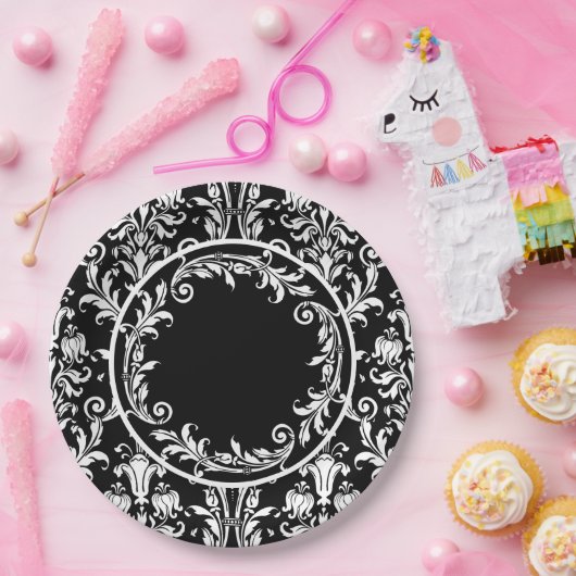 Schwarz-weiße Damask Floral Wirbel personalisieren Pappteller (Party)