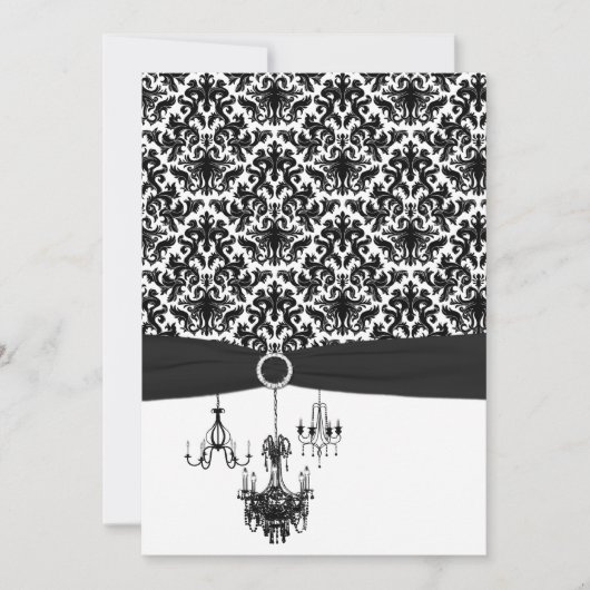 Schwarz-weiße Damask Kronleuchter Hochzeitseinladu Einladung (Vorderseite)