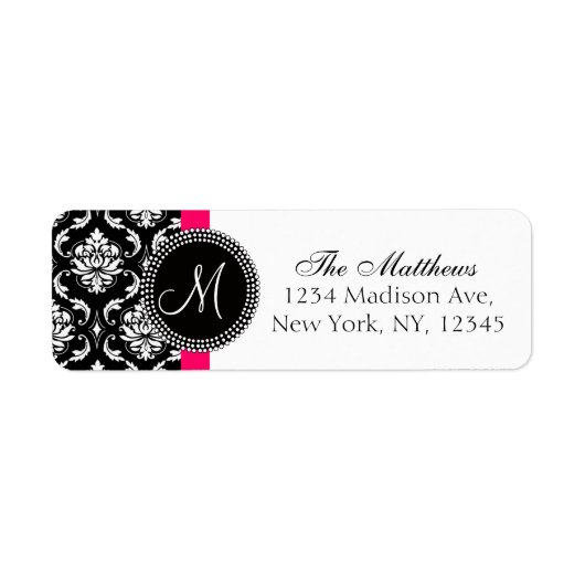 Schwarz-weiße Damask Monogram Address Labels (Vorne)