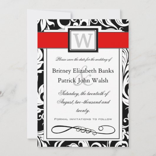 Schwarz-weiße Damask & Red Wedding retten Termine Save The Date (Rückseite)