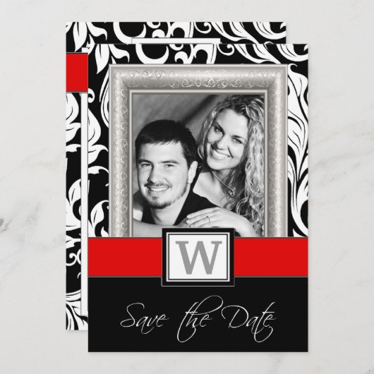 Schwarz-weiße Damask & Red Wedding retten Termine Save The Date (Vorne/Hinten)
