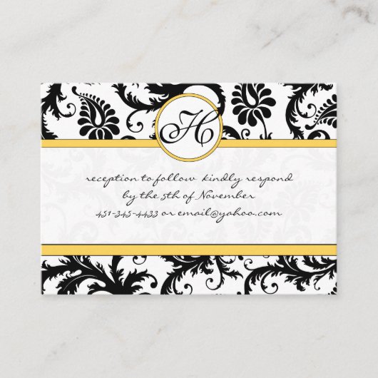 Schwarz-weiße Damask Yellow Trim Wedding RSVP Begleitkarte (Vorderseite)