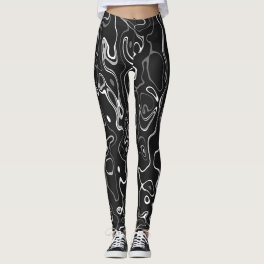 Schwarz-weiße Damaskus abstrakte Wirbel coole Must Leggings (Vorderseite)