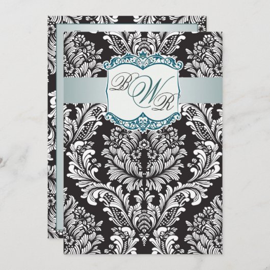 Schwarz-weiße Damaskus aquamarin, Monogramm Hochze Einladung (Vorne/Hinten)