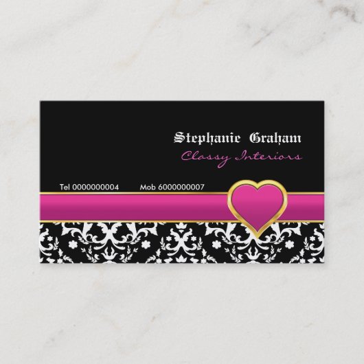 Schwarz-weiße Damaskus Hot rosa Herzkarte Visitenkarte (Vorderseite)