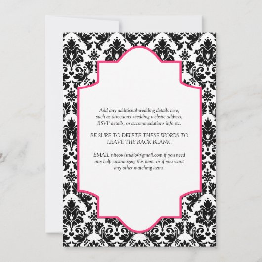 Schwarz-weiße Damaskus, rosa Glitzer Herz laden 2 Einladung (Rückseite)