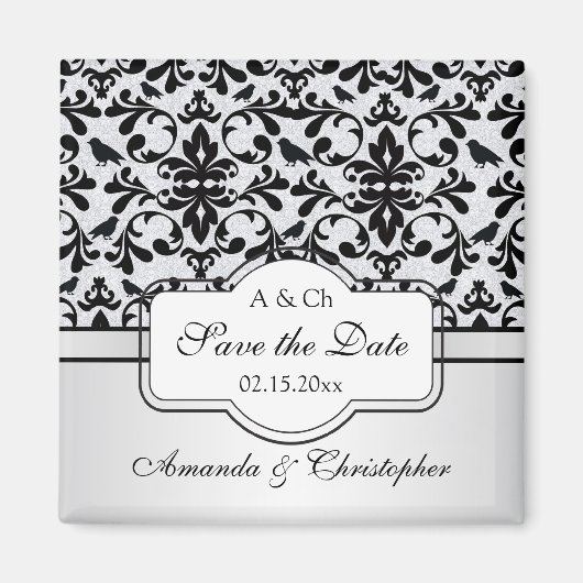 Schwarz-weiße Damaskus-Wirbel, Save the Date Vögel Magnet (Vorne)