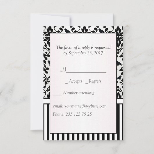 Schwarz-weiße Damaskus-Wirbel, Vögel, Streifen UAW RSVP Karte (Rückseite)