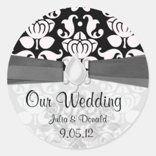 schwarz-weiße Damast-Hochzeit mit floristischen El Runder Aufkleber