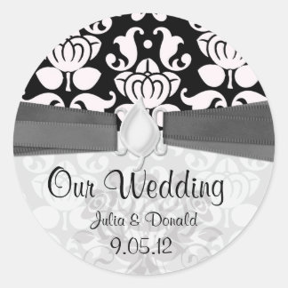 schwarz-weiße Damast-Hochzeit mit floristischen El Runder Aufkleber