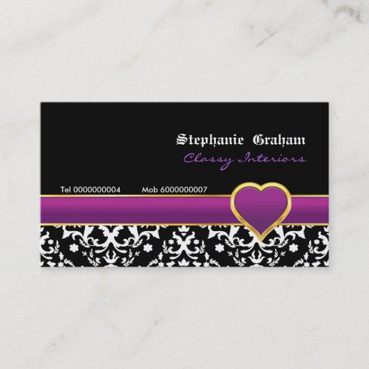 Schwarz-weiße Damast lila Herzkarte Visitenkarte (Vorderseite)