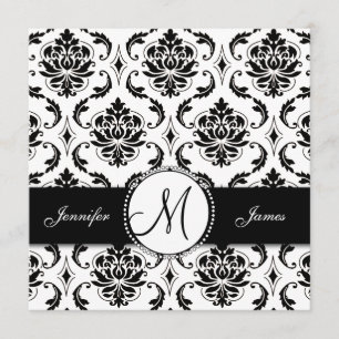 Schwarz-weiße Damast-Monogramm-Hochzeits-Einladung Einladung