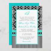Schwarz-weiße Damasttürkis-Hochzeitseinladung Einladung (Vorne/Hinten)