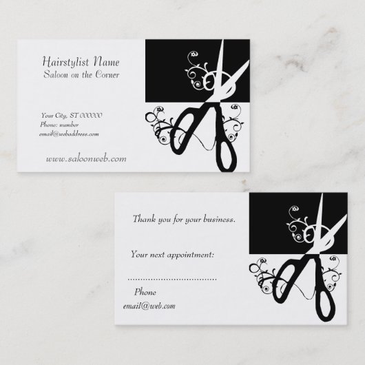 Schwarz-weiße der Haar-Stylist-magische Wirbel Terminkarte (Vorne/Hinten)