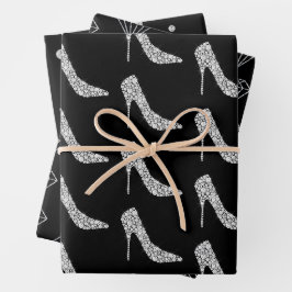 Schwarz-weiße Diamant High Heel Shoel Wedding Geschenkpapier Set