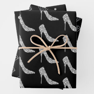 Schwarz-weiße Diamant High Heel Shoel Wedding Geschenkpapier Set