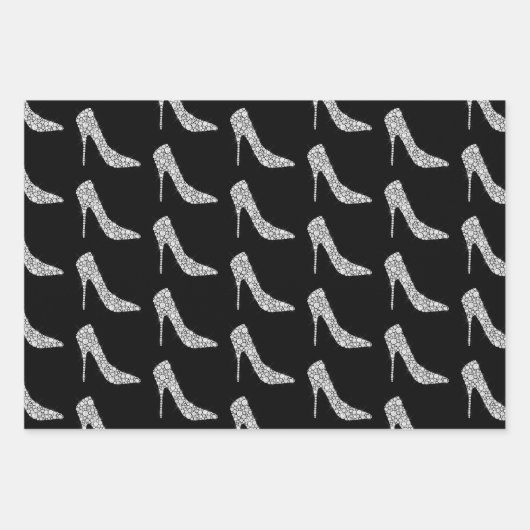 Schwarz-weiße Diamant High Heel Shoel Wedding Geschenkpapier Set (Vorderseite)