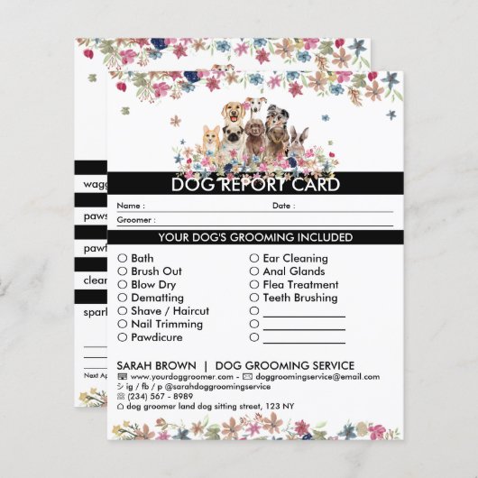 Schwarz-weiße Dogengroomer-Berichtskarte (Vorne/Hinten)