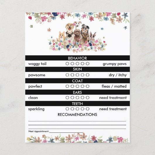 Schwarz-weiße Dogengroomer-Berichtskarte (Rückseite)