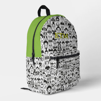 Schwarz-weiße Doodle-Gesichter Monogramm Grün Bedruckter Rucksack