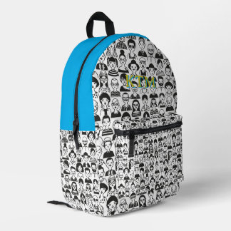 Schwarz-weiße Doodle-Gesichter Monogramm Hellblau Bedruckter Rucksack