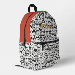 Schwarz-weiße Doodle-Gesichter Monogramm Terrakott Bedruckter Rucksack