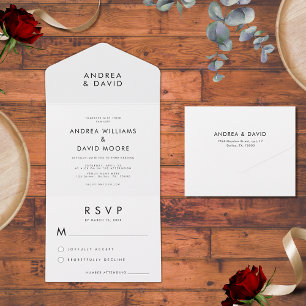 Schwarz Weiße einfache minimalistische RSVP-Hochze All In One Einladung
