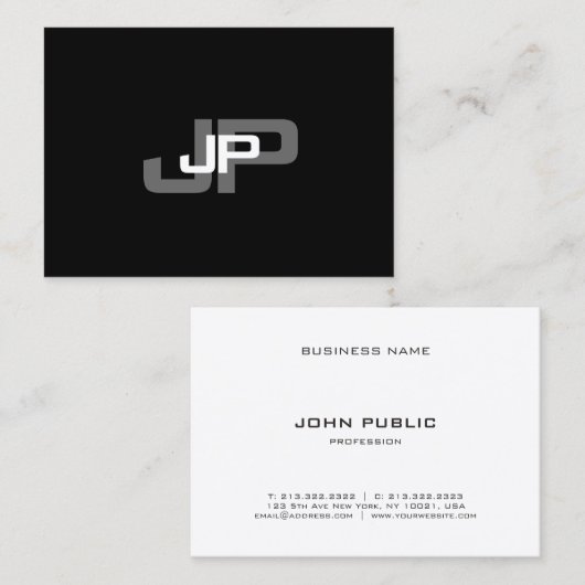 Schwarz-weiße, einfache, moderne Mit Monogramm Vor Visitenkarte (Vorne/Hinten)
