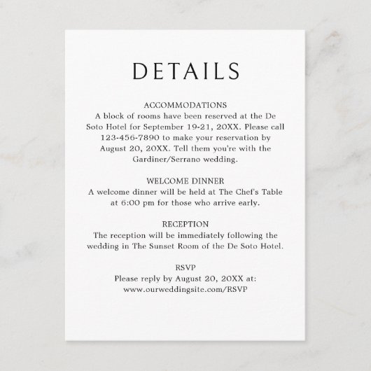 Schwarz-weiße Einfache Mongramm-Hochzeitsdetails Begleitkarte (Vorderseite)