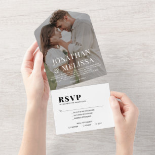 Schwarz-weiße einfache Überlagerungs-Foto-Hochzeit All In One Einladung