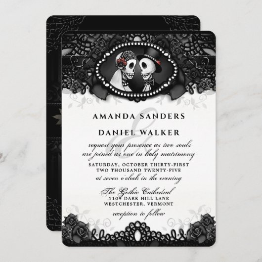 Schwarz-weiße Elegance Skelette Hochzeit Einladung (Vorne/Hinten)