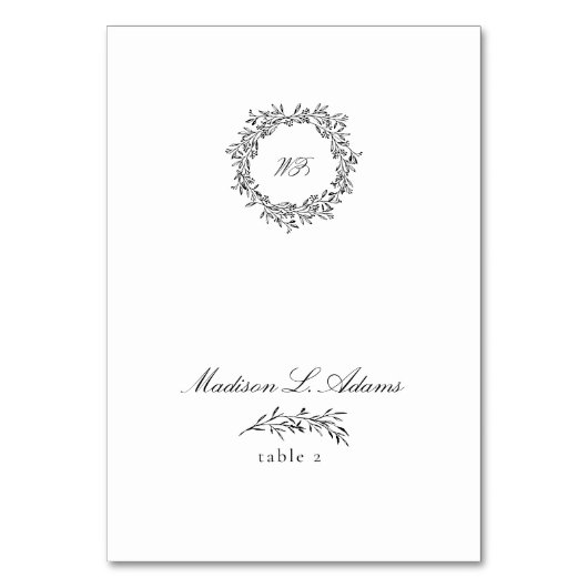 Schwarz-weiße Elegant Leaf Foldable Name Platzkart Tischnummer (Vorderseite)