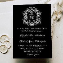 Schwarz Weiße Elegante Monogramm-Wappen Hochzeit Einladung