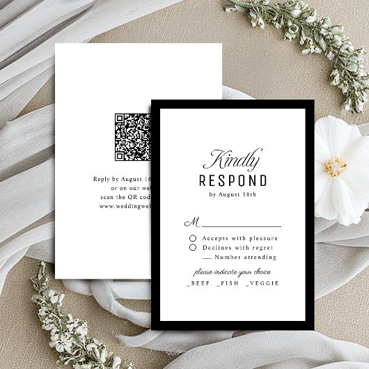 Schwarz-weiße elegante Skript-Hochzeit QR-Code RSVP Karte