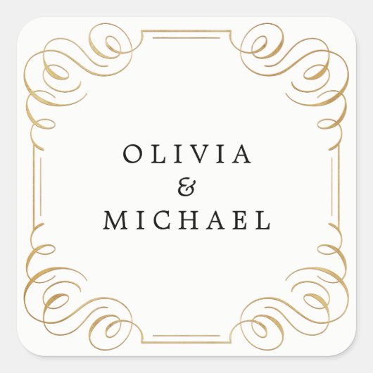 Schwarz-weiße, elegante Vintage geblüht Kalligraph Quadratischer Aufkleber (Vorderseite)