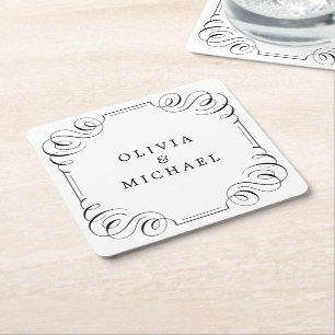 Schwarz-weiße, elegante Vintage geblüht Kalligraph Rechteckiger Pappuntersetzer