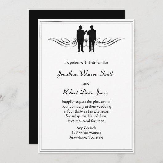 Schwarz-weiße Eleganz Gay Groom Hochzeit Einladung (Vorne/Hinten)